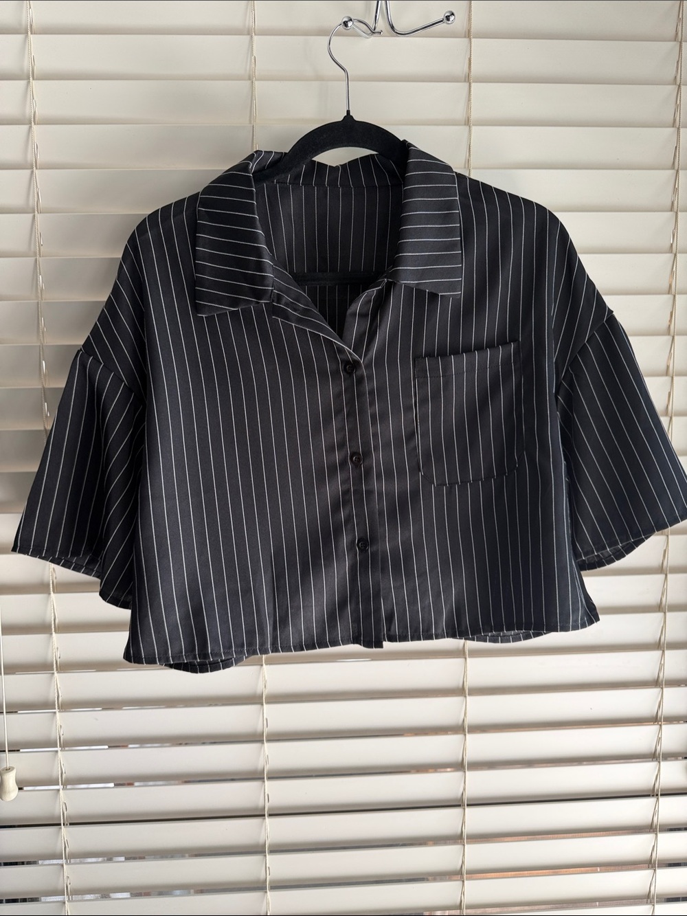 Women's Black Pinstripe Cropped Button-Down Shirt